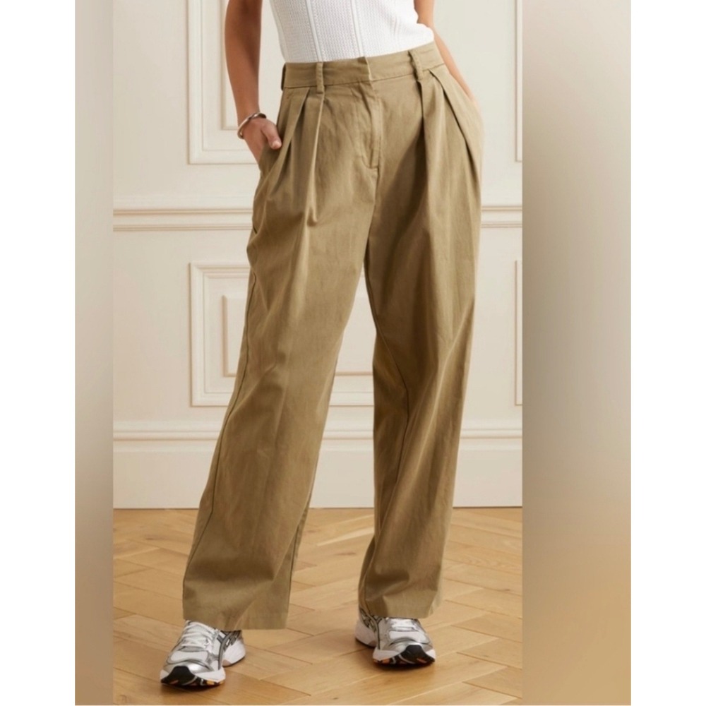 Staud Luisa Tan Khaki Cotton Pleated Wide Leg High Rise Trousers Pants Size 10
